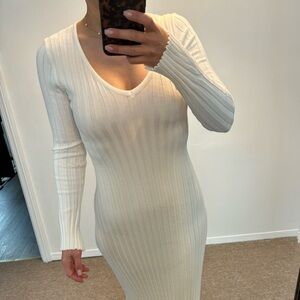 VIRAL body con white sweater dress with tie in back and bell sleeves